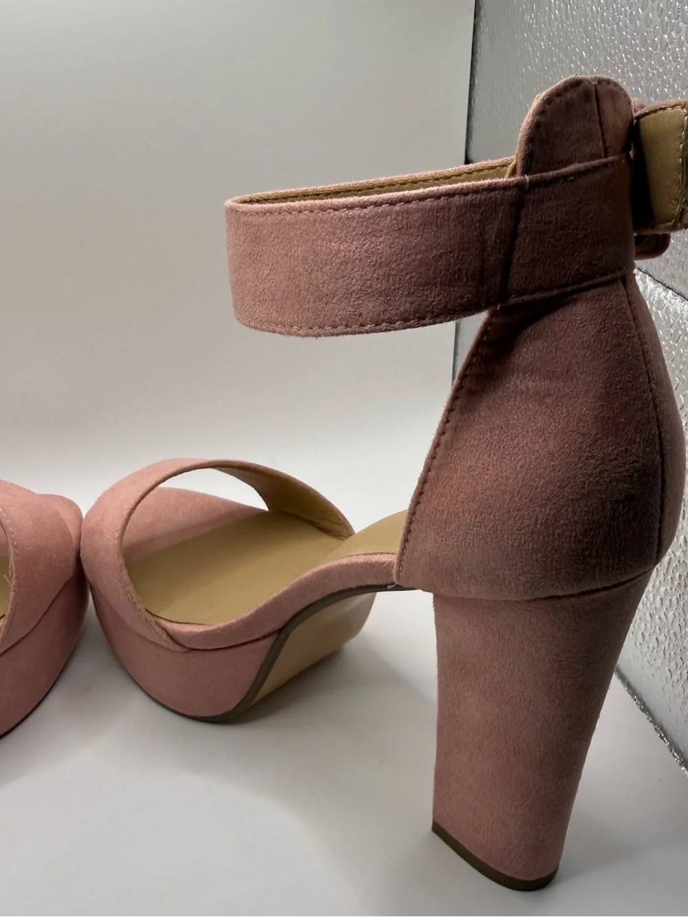 Suede-Look Pink Platform Block Heel Sandals with Ankle Strap
